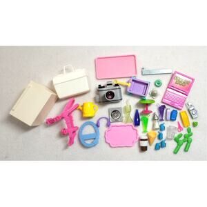 30+ Pc Barbie Dollhouse Accessories Lot Camera Frame Bag Drinks Computer Wagon
